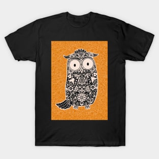 Black and White Folk Art Owl on orange floral background T-Shirt